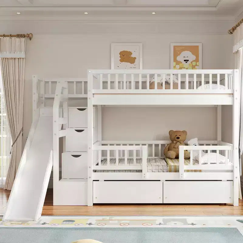 Twin Over Twin Bunk Bed with Slide and Storage Staircase, Twin Size Solid Pine Wood Bunk Bed Frame with Drawers and Guardrail