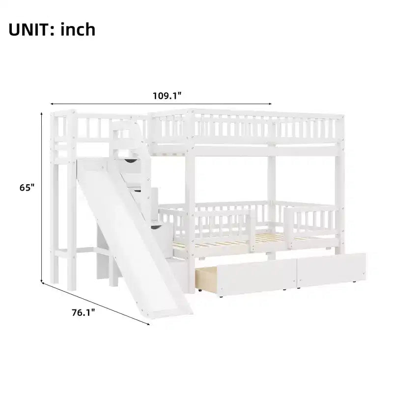 Twin Over Twin Bunk Bed with Slide and Storage Staircase, Twin Size Solid Pine Wood Bunk Bed Frame with Drawers and Guardrail