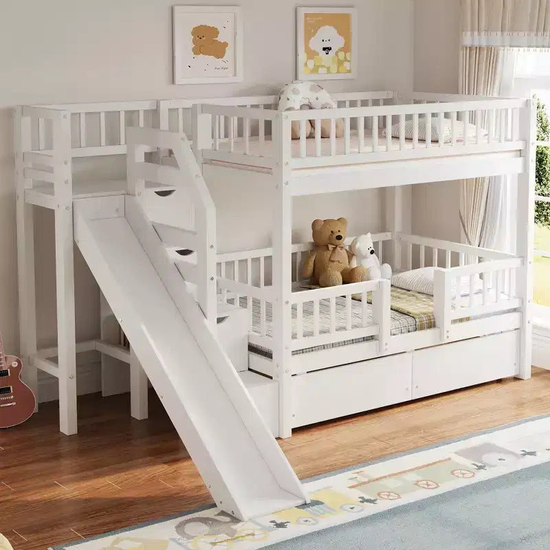 Twin Over Twin Bunk Bed with Slide and Storage Staircase, Twin Size Solid Pine Wood Bunk Bed Frame with Drawers and Guardrail