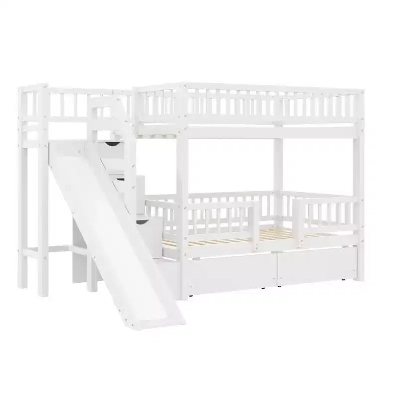 Twin Over Twin Bunk Bed with Slide and Storage Staircase, Twin Size Solid Pine Wood Bunk Bed Frame with Drawers and Guardrail
