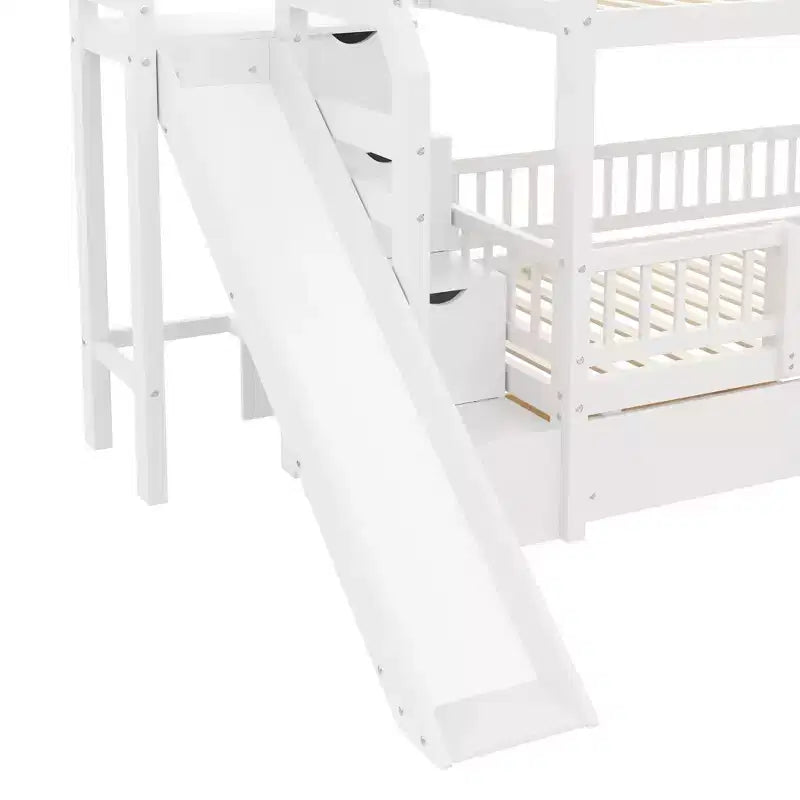 Twin Over Twin Bunk Bed with Slide and Storage Staircase, Twin Size Solid Pine Wood Bunk Bed Frame with Drawers and Guardrail