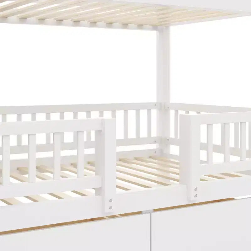Twin Over Twin Bunk Bed with Slide and Storage Staircase, Twin Size Solid Pine Wood Bunk Bed Frame with Drawers and Guardrail