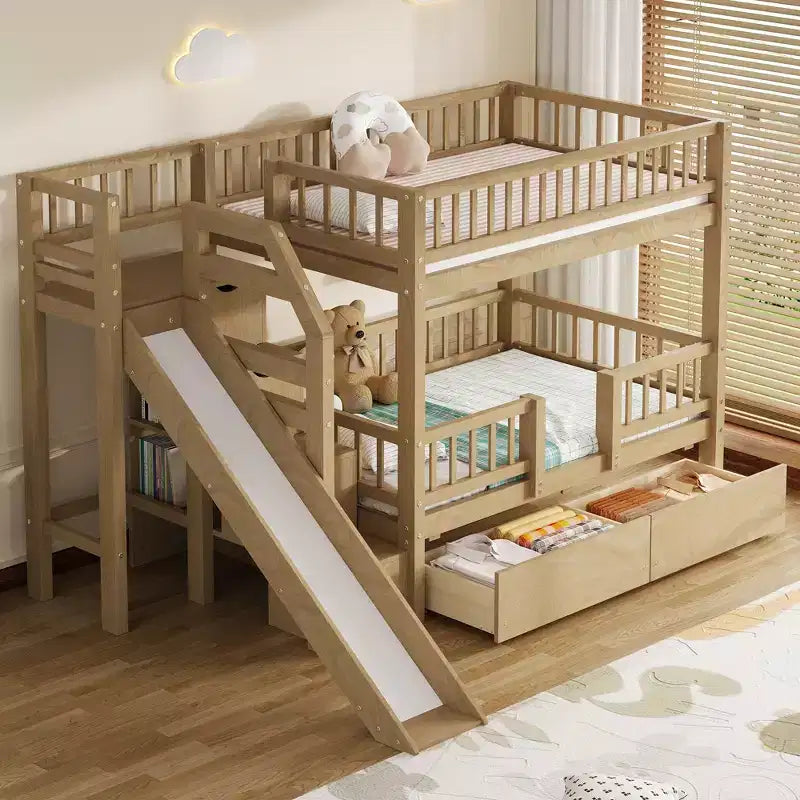 Twin Over Twin Bunk Bed with Slide and Storage Staircase, Twin Size Solid Pine Wood Bunk Bed Frame with Drawers and Guardrail