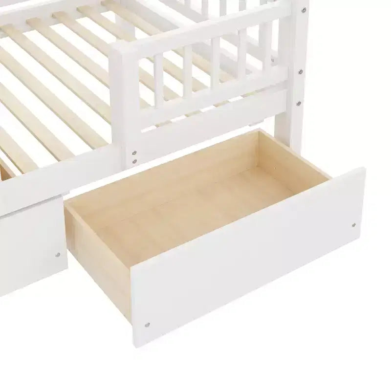 Twin Over Twin Bunk Bed with Slide and Storage Staircase, Twin Size Solid Pine Wood Bunk Bed Frame with Drawers and Guardrail