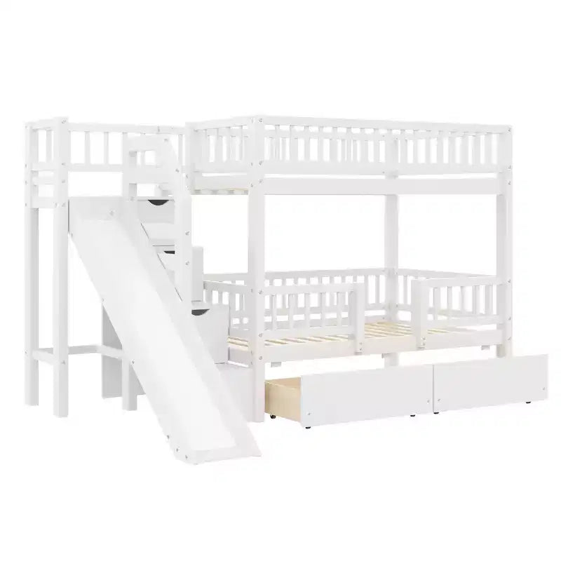 Twin Over Twin Bunk Bed with Slide and Storage Staircase, Twin Size Solid Pine Wood Bunk Bed Frame with Drawers and Guardrail