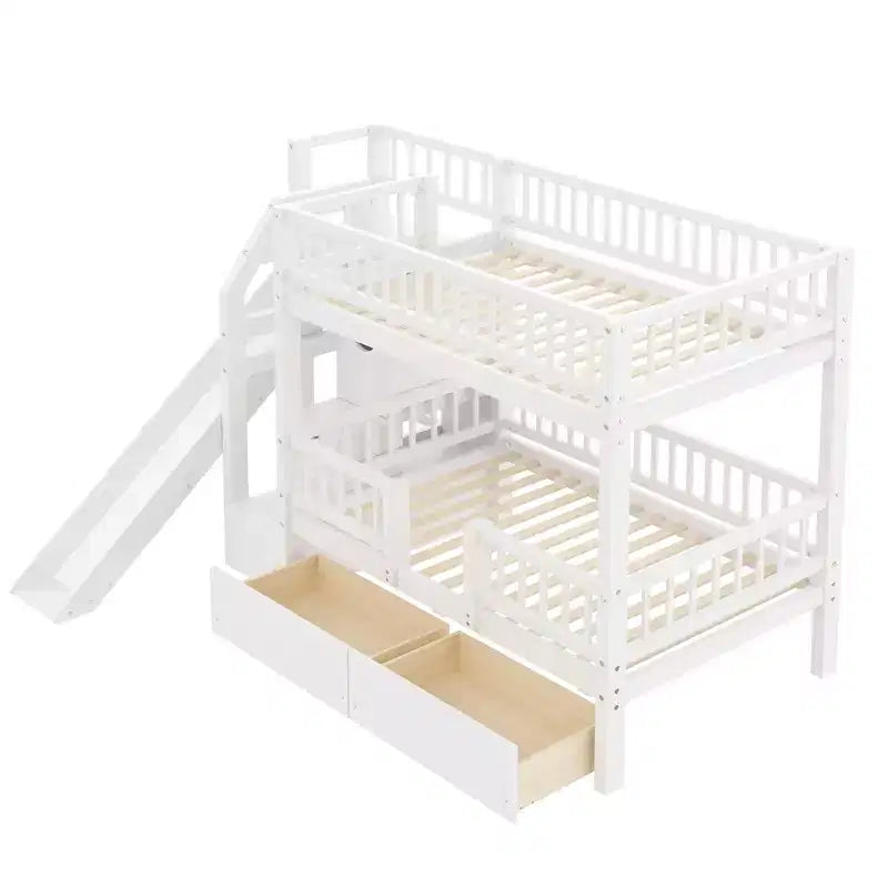 Twin Over Twin Bunk Bed with Slide and Storage Staircase, Twin Size Solid Pine Wood Bunk Bed Frame with Drawers and Guardrail