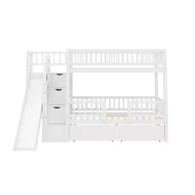 Twin Over Twin Bunk Bed with Slide and Storage Staircase, Twin Size Solid Pine Wood Bunk Bed Frame with Drawers and Guardrail