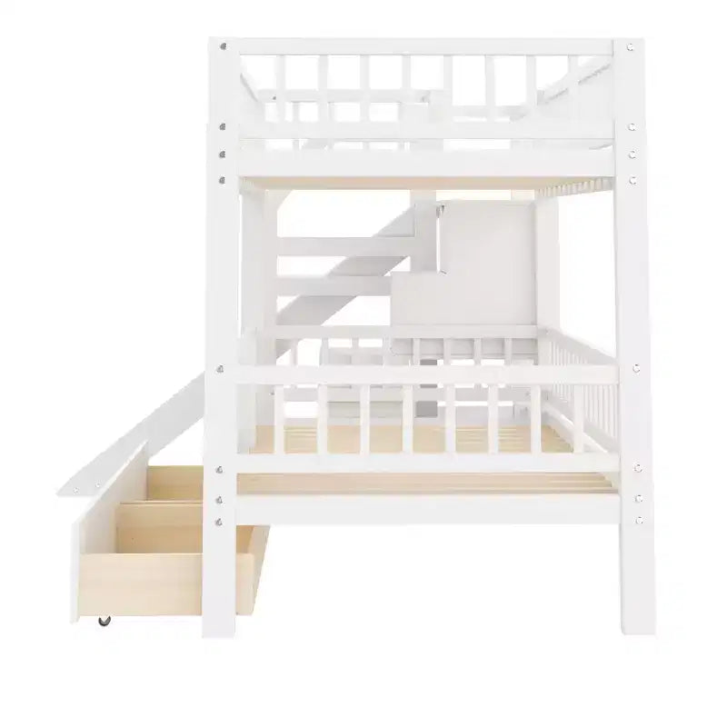 Twin Over Twin Bunk Bed with Slide and Storage Staircase, Twin Size Solid Pine Wood Bunk Bed Frame with Drawers and Guardrail