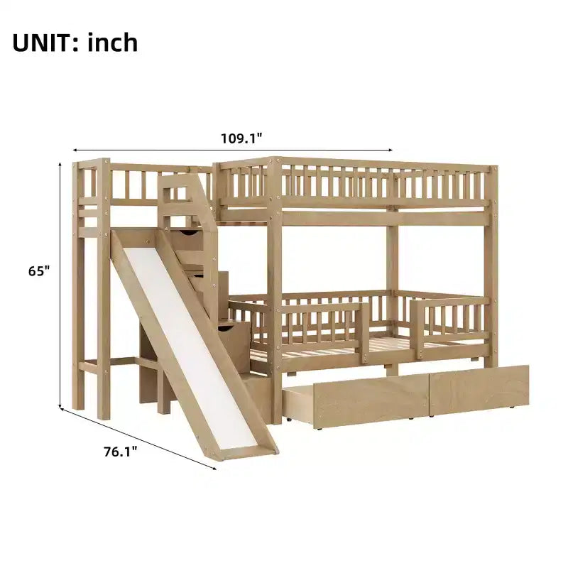 Twin Over Twin Bunk Bed with Slide and Storage Staircase, Twin Size Solid Pine Wood Bunk Bed Frame with Drawers and Guardrail