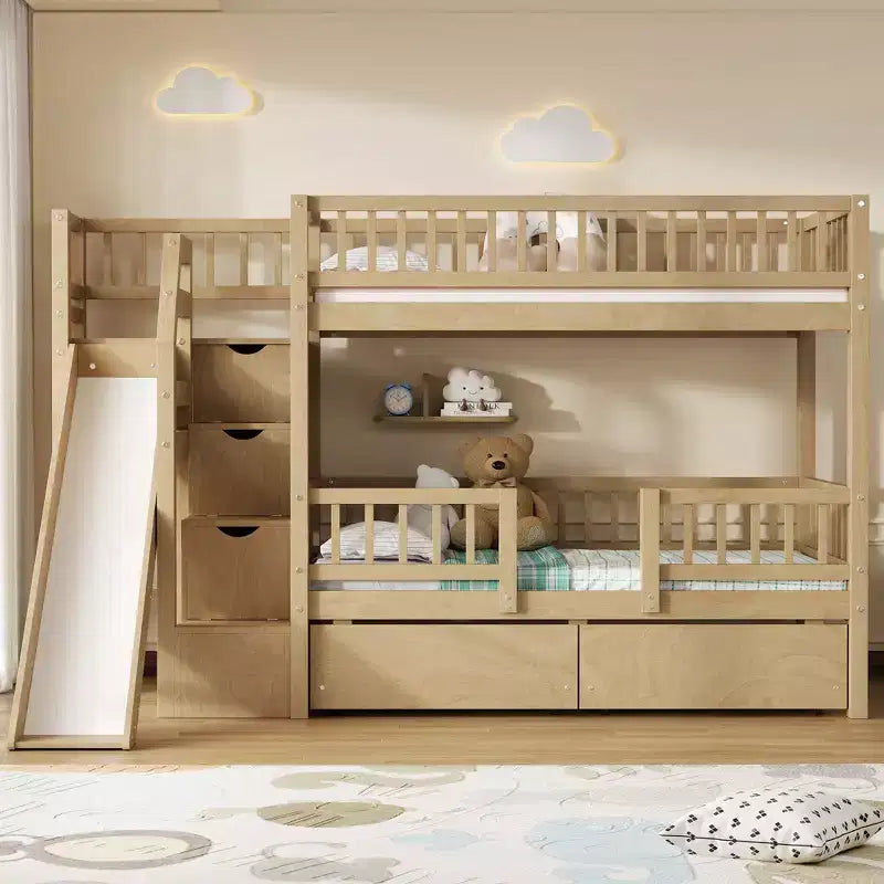 Twin Over Twin Bunk Bed with Slide and Storage Staircase, Twin Size Solid Pine Wood Bunk Bed Frame with Drawers and Guardrail