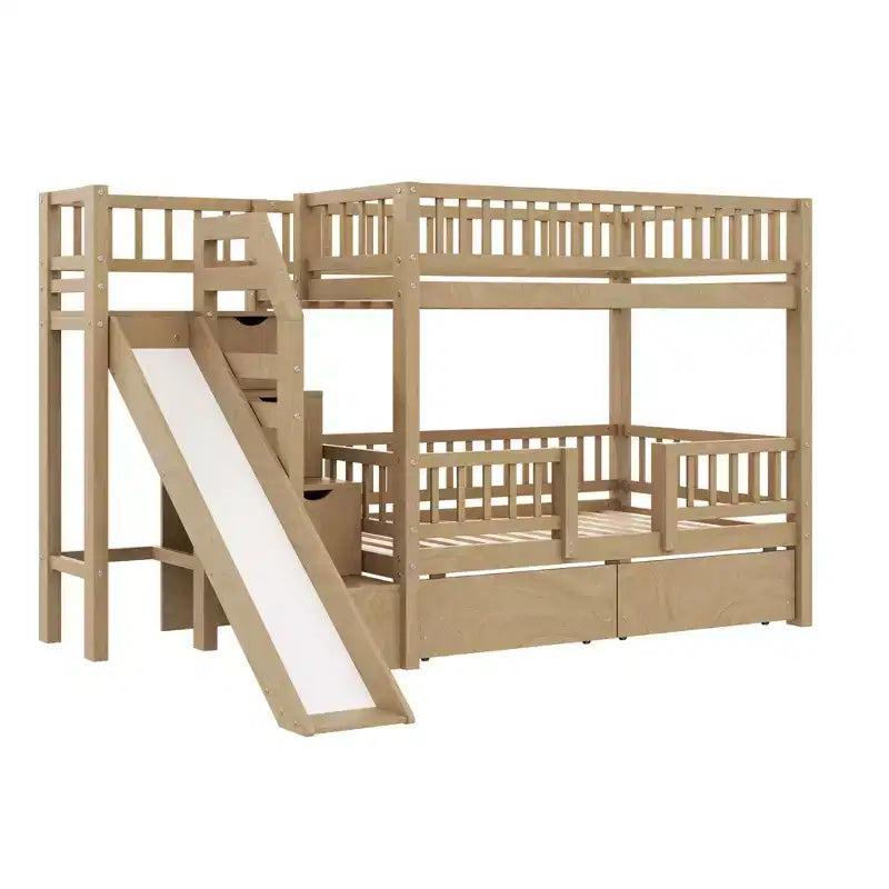 Twin Over Twin Bunk Bed with Slide and Storage Staircase, Twin Size Solid Pine Wood Bunk Bed Frame with Drawers and Guardrail
