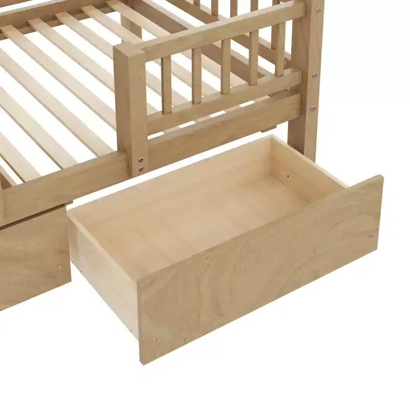 Twin Over Twin Bunk Bed with Slide and Storage Staircase, Twin Size Solid Pine Wood Bunk Bed Frame with Drawers and Guardrail
