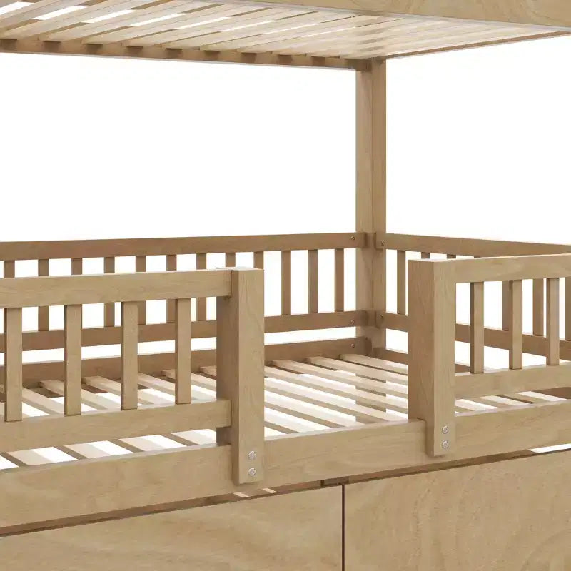 Twin Over Twin Bunk Bed with Slide and Storage Staircase, Twin Size Solid Pine Wood Bunk Bed Frame with Drawers and Guardrail