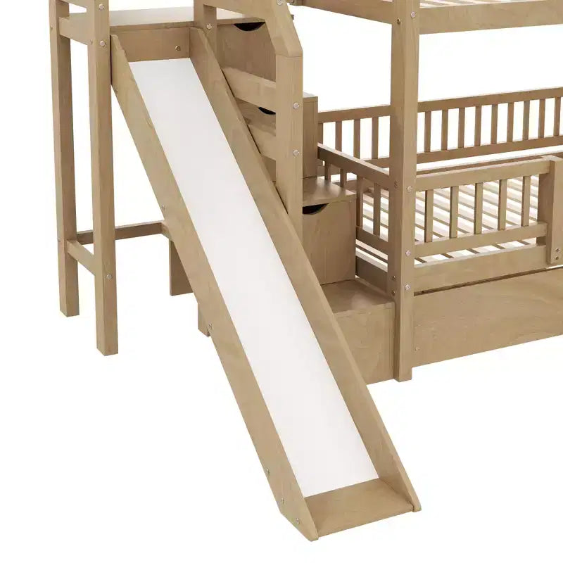 Twin Over Twin Bunk Bed with Slide and Storage Staircase, Twin Size Solid Pine Wood Bunk Bed Frame with Drawers and Guardrail