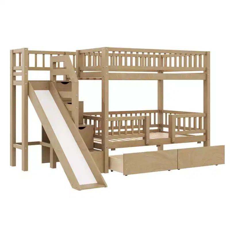 Twin Over Twin Bunk Bed with Slide and Storage Staircase, Twin Size Solid Pine Wood Bunk Bed Frame with Drawers and Guardrail