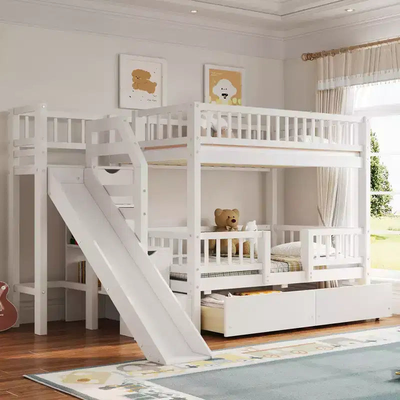 Twin Over Twin Bunk Bed with Slide and Storage Staircase, Twin Size Solid Pine Wood Bunk Bed Frame with Drawers and Guardrail