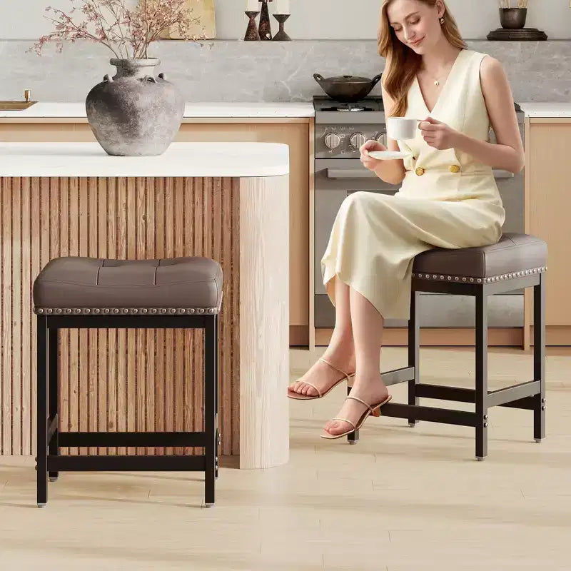 Classic Nailhead Bar Stools , Reinforced Metal Frame with Stable Footrest, Upholstered Waterproof Seat for Dining and Bar