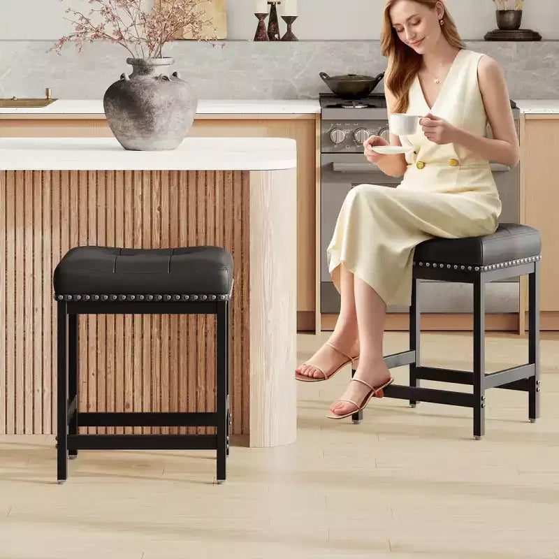 Classic Nailhead Bar Stools , Reinforced Metal Frame with Stable Footrest, Upholstered Waterproof Seat for Dining and Bar
