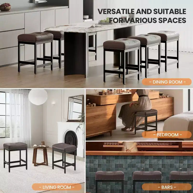 Classic Nailhead Bar Stools , Reinforced Metal Frame with Stable Footrest, Upholstered Waterproof Seat for Dining and Bar