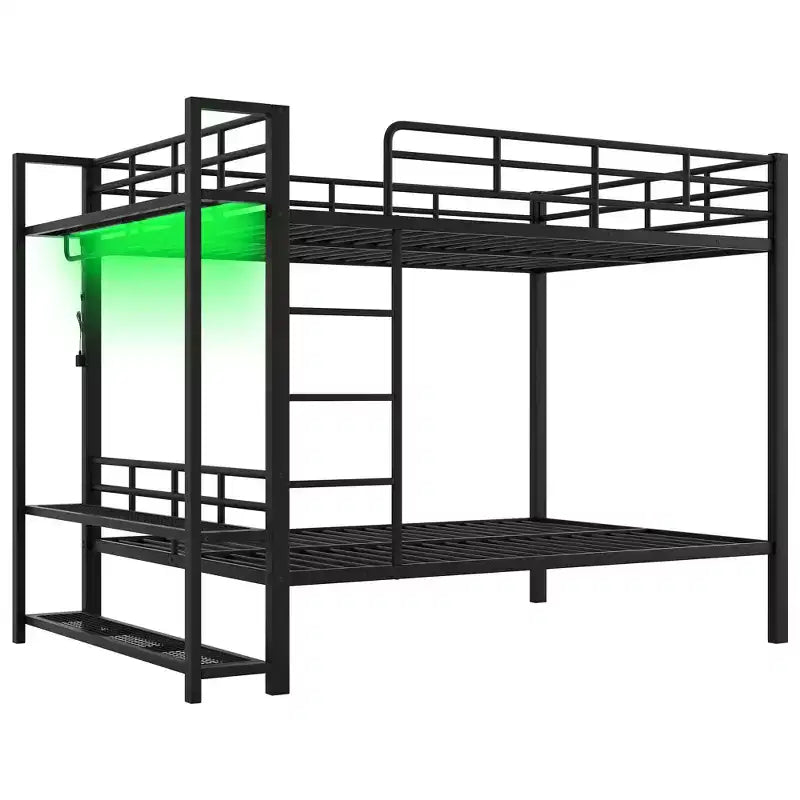 Full Over Full Metal Bunk Beds with Storage Mesh Shelves and Clothes Hooks, Space Saving Metal Bed Frame with LED Light