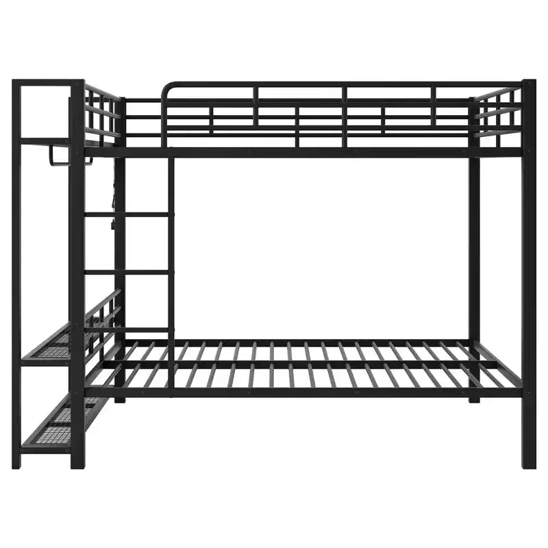 Full Over Full Metal Bunk Beds with Storage Mesh Shelves and Clothes Hooks, Space Saving Metal Bed Frame with LED Light