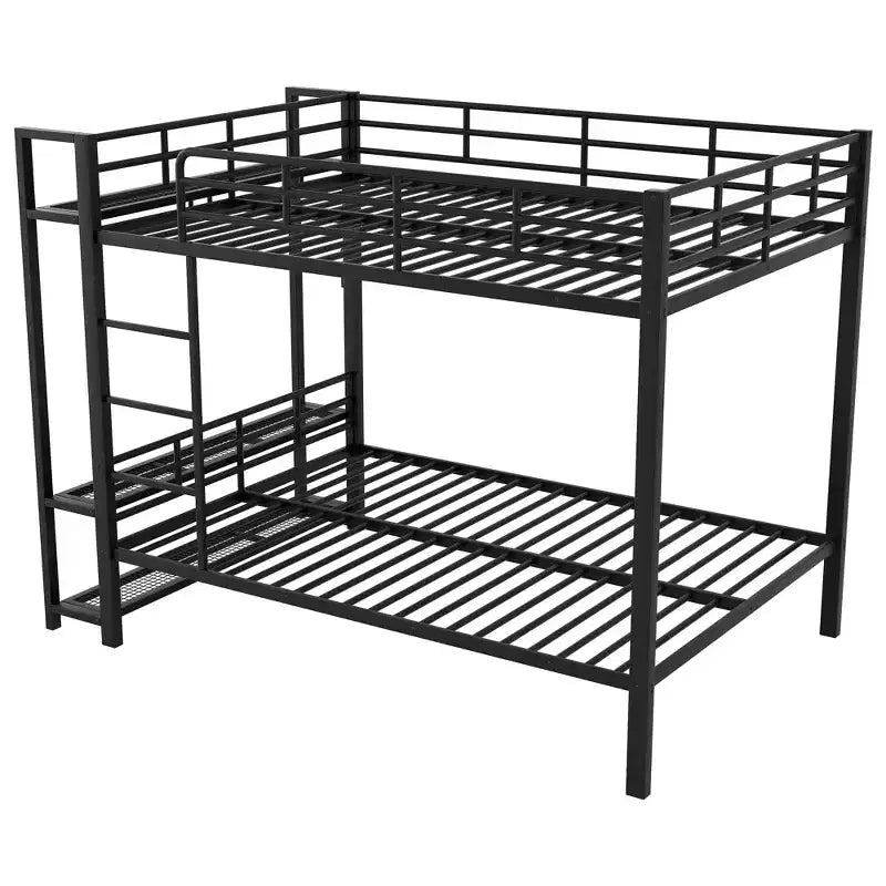 Full Over Full Metal Bunk Beds with Storage Mesh Shelves and Clothes Hooks, Space Saving Metal Bed Frame with LED Light