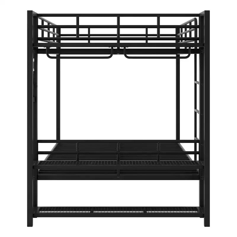 Full Over Full Metal Bunk Beds with Storage Mesh Shelves and Clothes Hooks, Space Saving Metal Bed Frame with LED Light