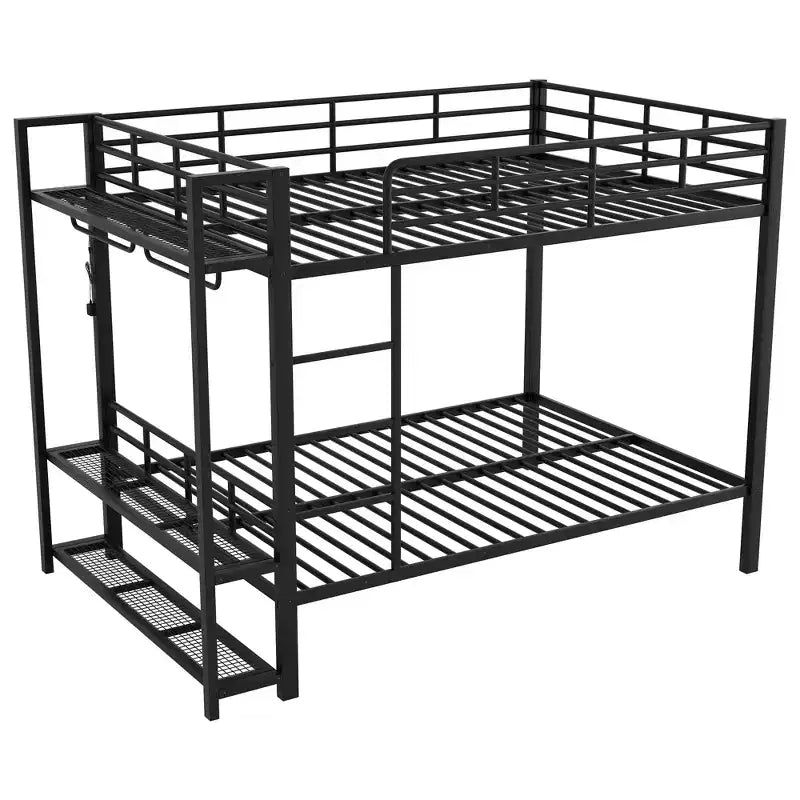 Full Over Full Metal Bunk Beds with Storage Mesh Shelves and Clothes Hooks, Space Saving Metal Bed Frame with LED Light