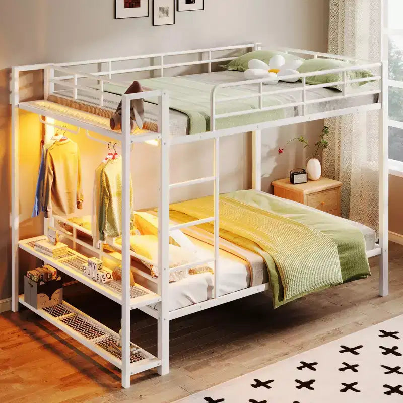 Full Over Full Metal Bunk Beds with Storage Mesh Shelves and Clothes Hooks, Space Saving Metal Bed Frame with LED Light