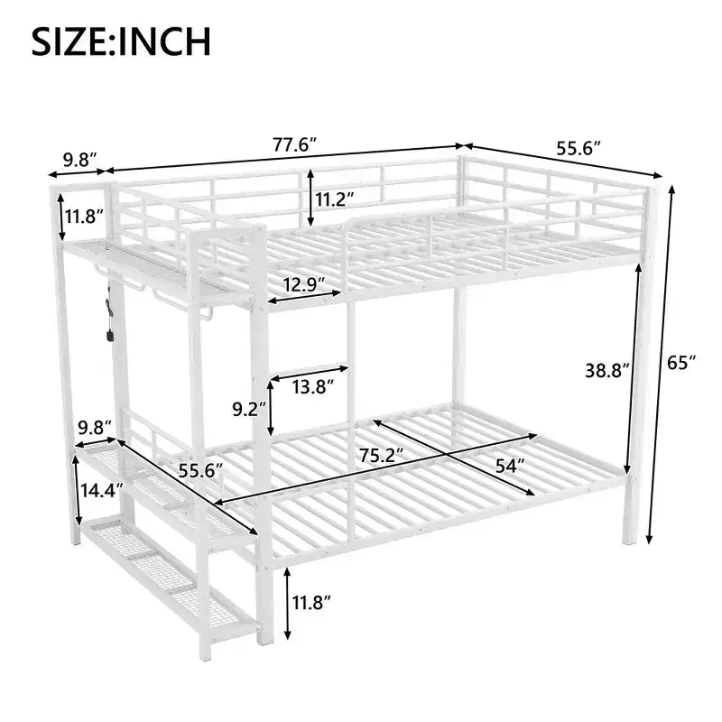 Full Over Full Metal Bunk Beds with Storage Mesh Shelves and Clothes Hooks, Space Saving Metal Bed Frame with LED Light