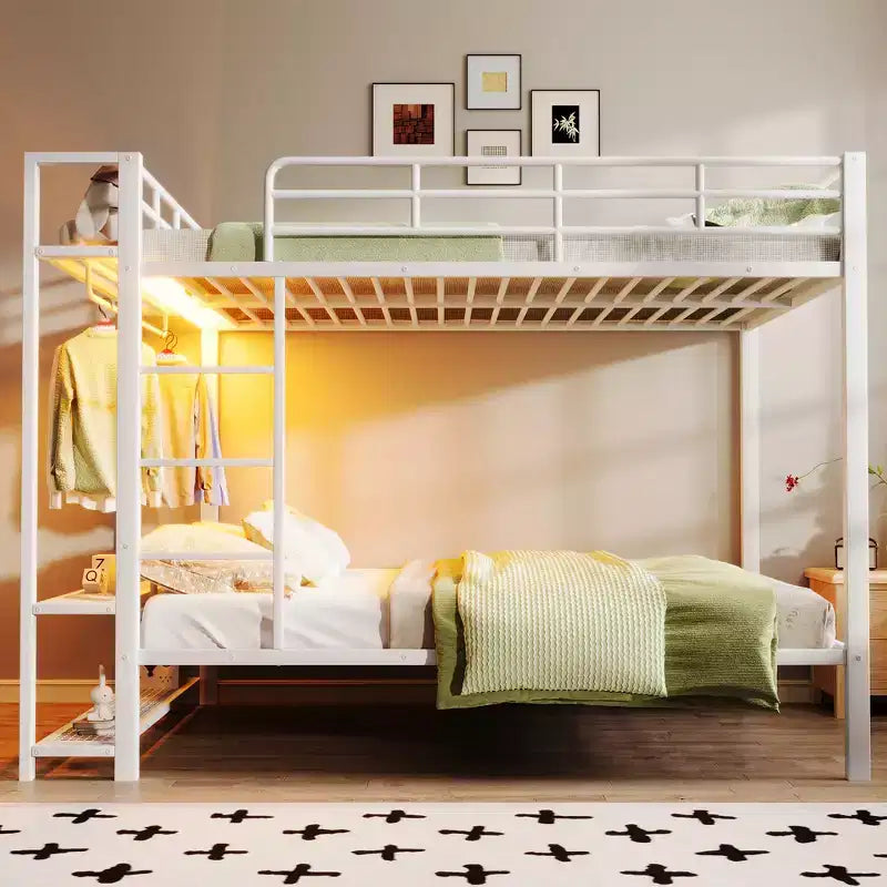 Full Over Full Metal Bunk Beds with Storage Mesh Shelves and Clothes Hooks, Space Saving Metal Bed Frame with LED Light