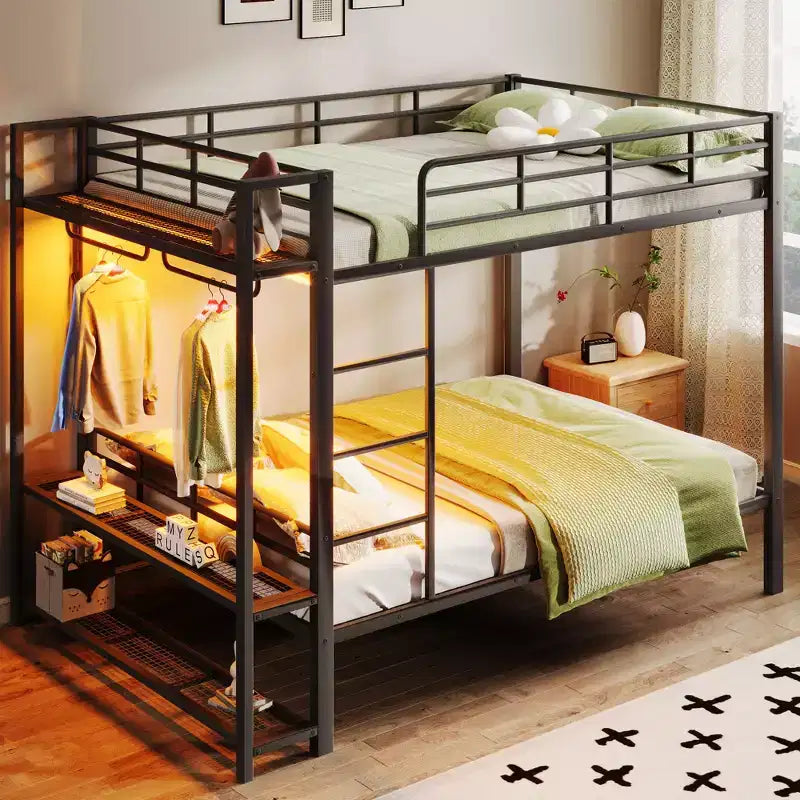Full Over Full Metal Bunk Beds with Storage Mesh Shelves and Clothes Hooks, Space Saving Metal Bed Frame with LED Light