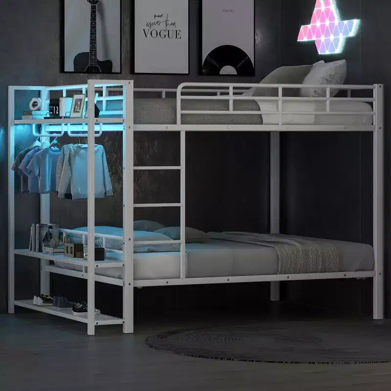Full Over Full Metal Bunk Beds with Storage Mesh Shelves and Clothes Hooks, Space Saving Metal Bed Frame with LED Light