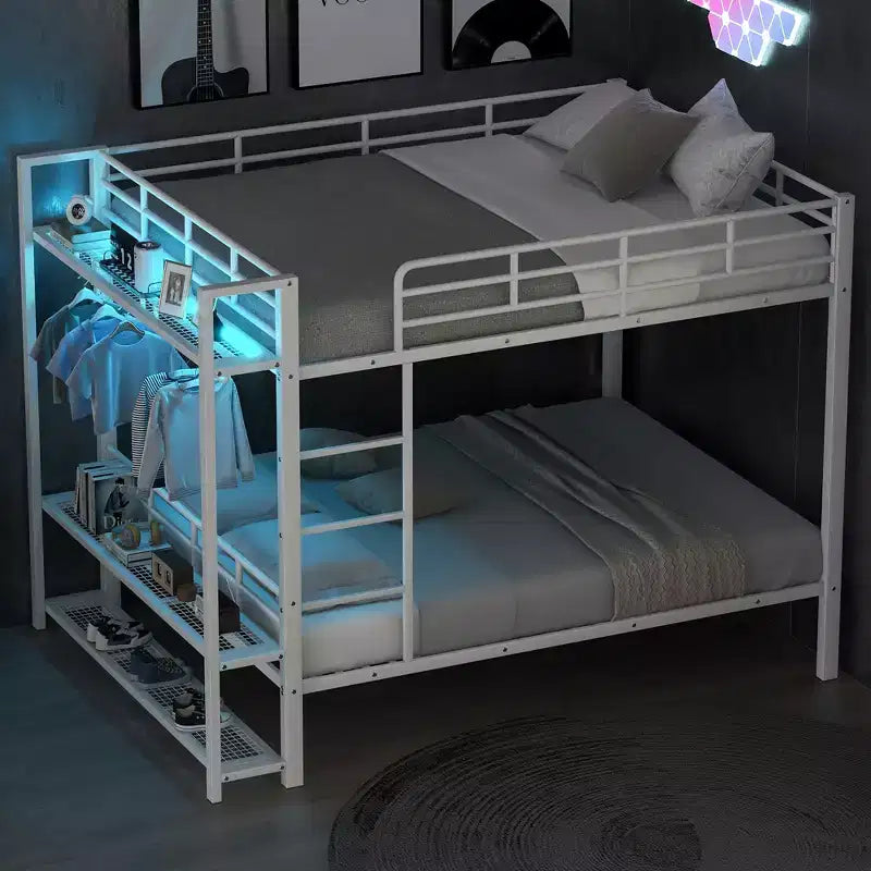 Full Over Full Metal Bunk Beds with Storage Mesh Shelves and Clothes Hooks, Space Saving Metal Bed Frame with LED Light