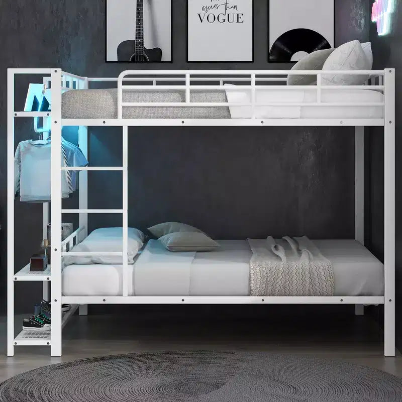 Full Over Full Metal Bunk Beds with Storage Mesh Shelves and Clothes Hooks, Space Saving Metal Bed Frame with LED Light