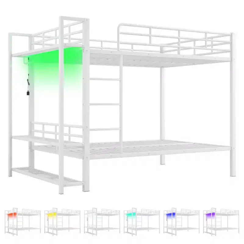 Full Over Full Metal Bunk Beds with Storage Mesh Shelves and Clothes Hooks, Space Saving Metal Bed Frame with LED Light