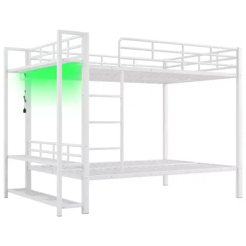 Full Over Full Metal Bunk Beds with Storage Mesh Shelves and Clothes Hooks, Space Saving Metal Bed Frame with LED Light