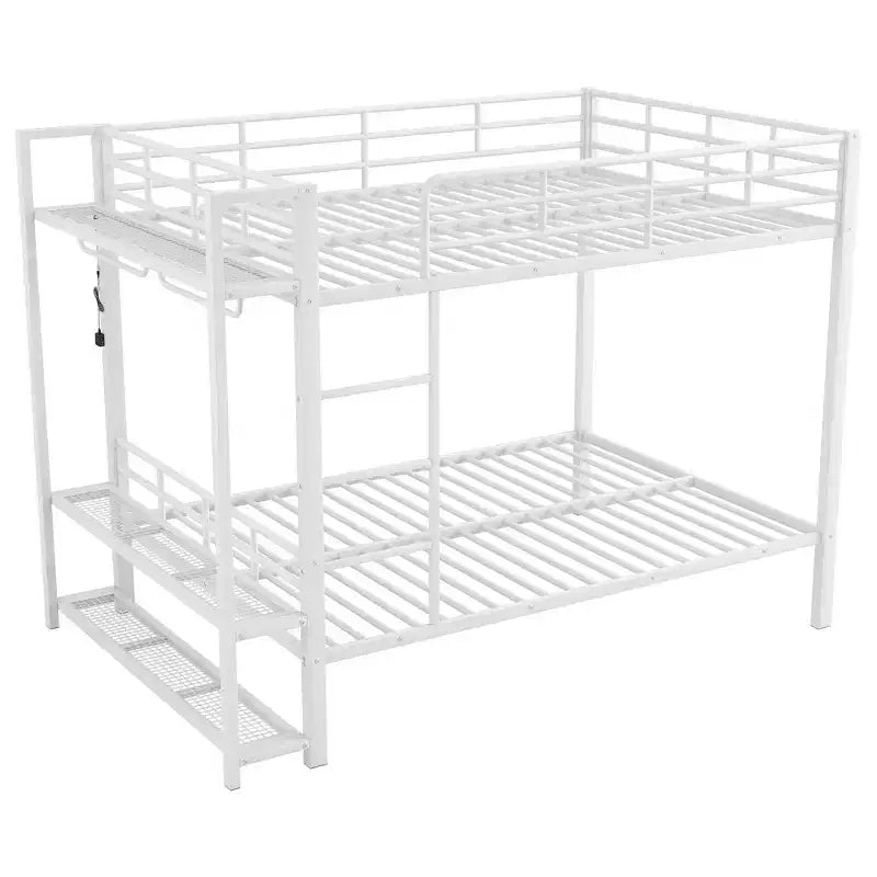 Full Over Full Metal Bunk Beds with Storage Mesh Shelves and Clothes Hooks, Space Saving Metal Bed Frame with LED Light