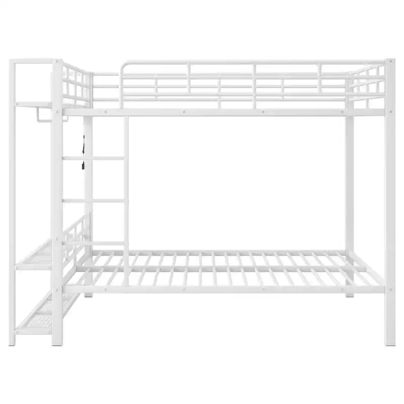 Full Over Full Metal Bunk Beds with Storage Mesh Shelves and Clothes Hooks, Space Saving Metal Bed Frame with LED Light