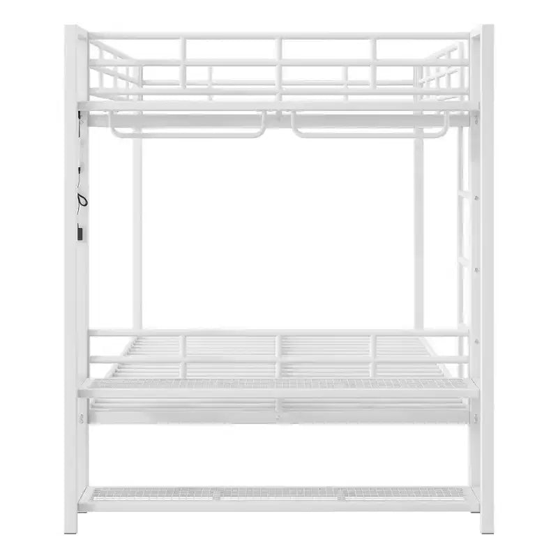 Full Over Full Metal Bunk Beds with Storage Mesh Shelves and Clothes Hooks, Space Saving Metal Bed Frame with LED Light