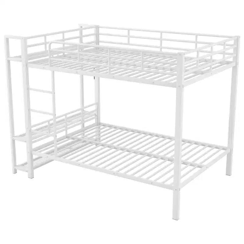 Full Over Full Metal Bunk Beds with Storage Mesh Shelves and Clothes Hooks, Space Saving Metal Bed Frame with LED Light