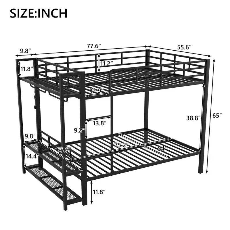 Full Over Full Metal Bunk Beds with Storage Mesh Shelves and Clothes Hooks, Space Saving Metal Bed Frame with LED Light