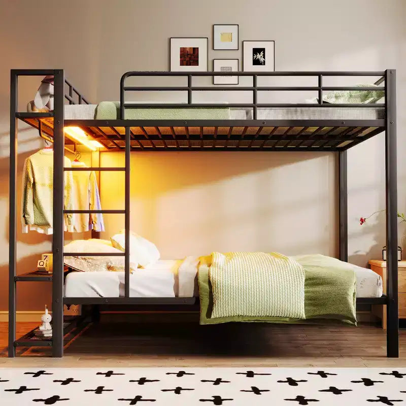 Full Over Full Metal Bunk Beds with Storage Mesh Shelves and Clothes Hooks, Space Saving Metal Bed Frame with LED Light