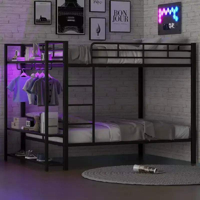 Full Over Full Metal Bunk Beds with Storage Mesh Shelves and Clothes Hooks, Space Saving Metal Bed Frame with LED Light