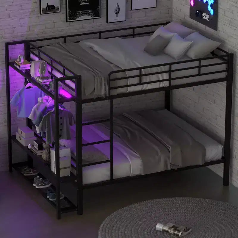 Full Over Full Metal Bunk Beds with Storage Mesh Shelves and Clothes Hooks, Space Saving Metal Bed Frame with LED Light
