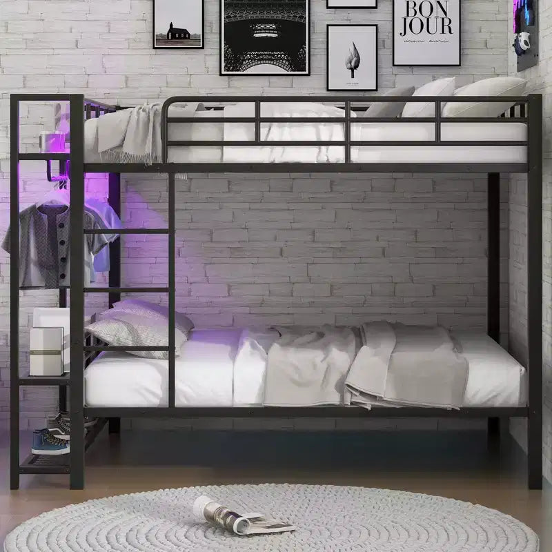 Full Over Full Metal Bunk Beds with Storage Mesh Shelves and Clothes Hooks, Space Saving Metal Bed Frame with LED Light