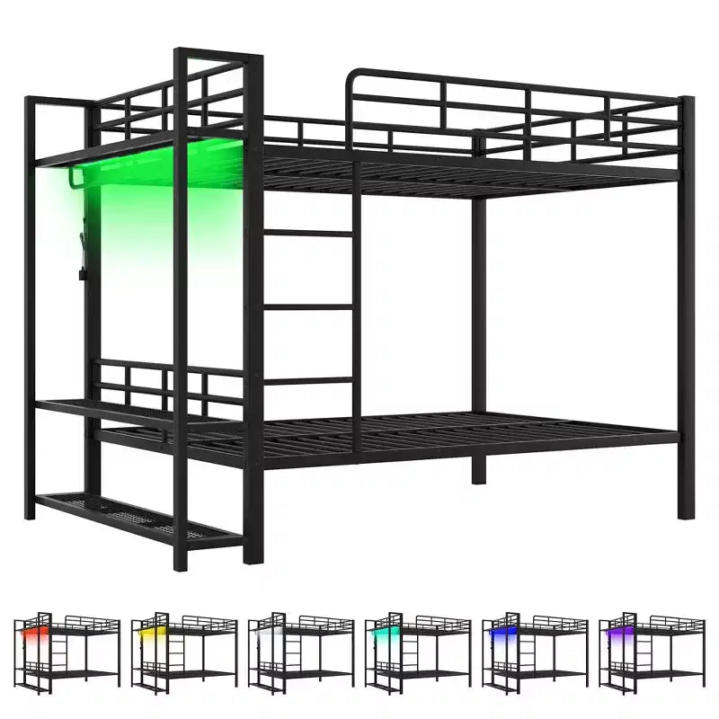 Full Over Full Metal Bunk Beds with Storage Mesh Shelves and Clothes Hooks, Space Saving Metal Bed Frame with LED Light