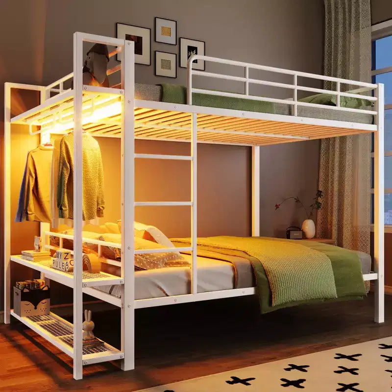 Full Over Full Metal Bunk Beds with Storage Mesh Shelves and Clothes Hooks, Space Saving Metal Bed Frame with LED Light