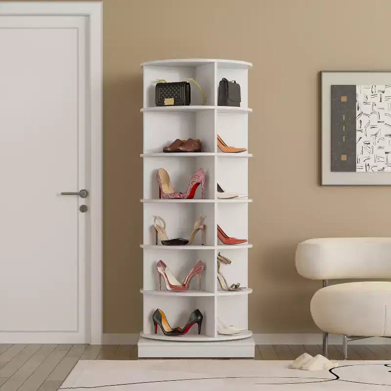 JVNOXK 56-inch 360-degree rotating modern shoe cabinet, 6 tiers, accommodates all types of footwear, maximizes storage space utilization, white