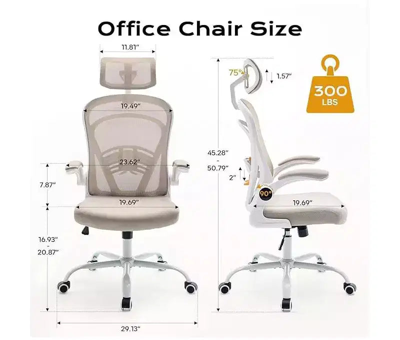 Ergonomic High-Back Mesh Office Chair Turn-Up Armrests, Headrest, Swivel Executive Computer Desk Chair for Home Office, Bedroom, or Study